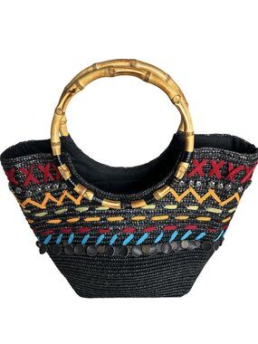Black Woven Tote With Bamboo Handles & Colorful Embellishments